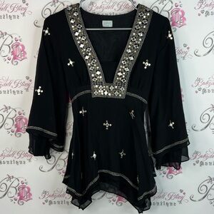 Oasis top flowy bell bottom sleeves sequin embroidered Black Embellished Blouse